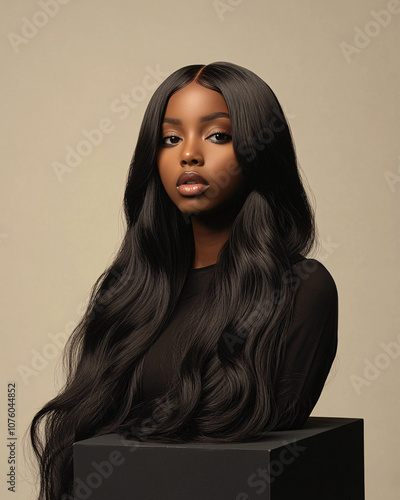 beautiful black woman with long wavy hair posing  against a beige background