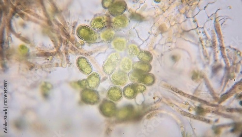 The single-celled algae have a star-shaped structure with three branches, and a green center, as seen under a microscope.