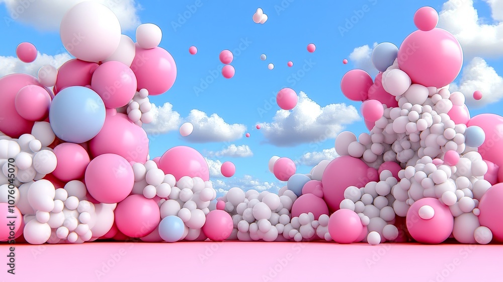 3D Pink Blue and White Spheres Against a Blue Sky with Clouds 3D Pink Blue and White Spheres Against a Blue Sky with Clouds