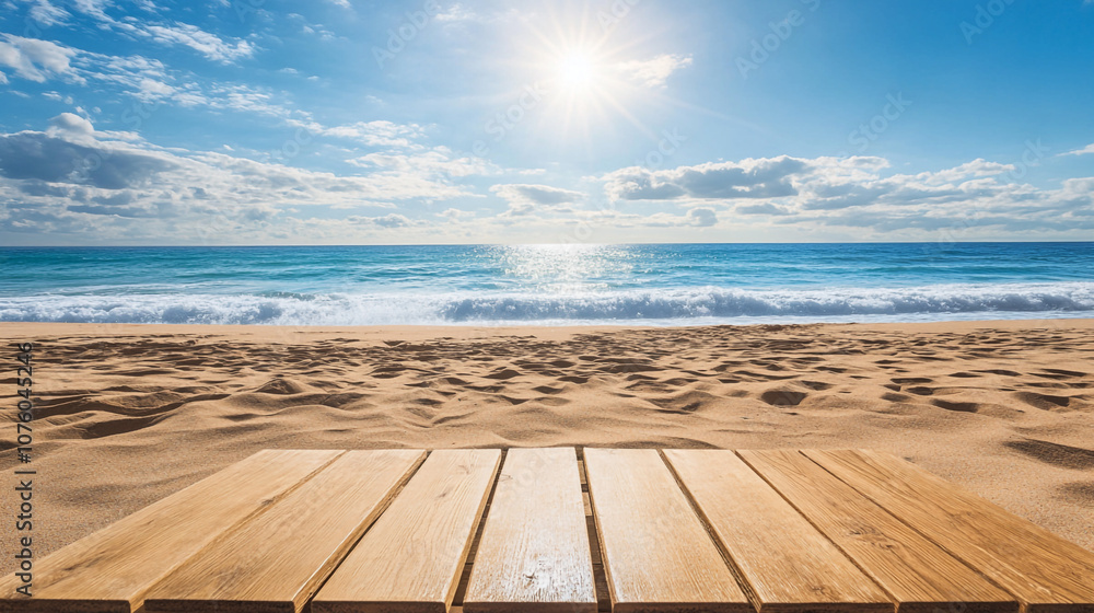 Fototapeta premium Serene beach view with wooden deck under a bright sun and gentle ocean waves during midday