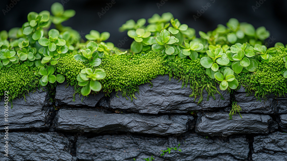 Serene Stone Wall with Lush Moss and Greenery 