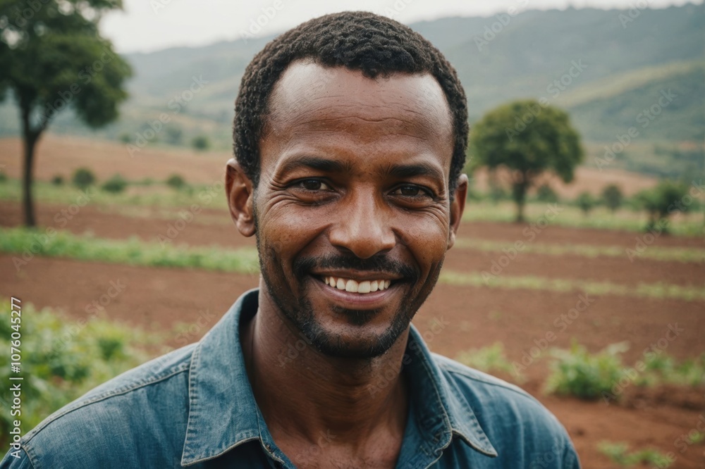 Close portrait of a smiling 40s Ethiopian male farmer standing and looking at the camera, outdoors Ethiopian rural blurred background Close portrait of a smiling 40s Ethiopian male farmer standing and looking at the camera, outdoors Ethiopian rural blurred background