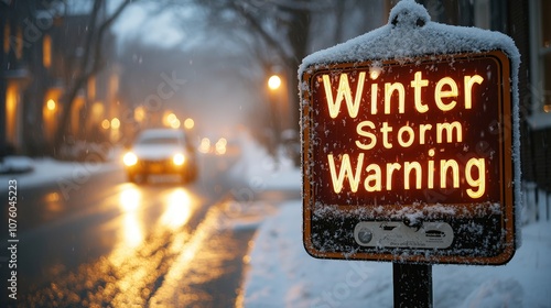 Obraz na płótnie A winter storm warning sign stands covered in snow, clearly visible against a darkening sky as cars pass by on a snowy street, signaling hazardous weather conditions w salonie