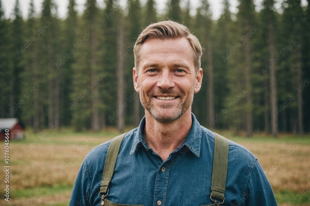 Close portrait of a smiling 40s Finnish male farmer standing and looking at the camera, outdoors Finnish rural blurred background Close portrait of a smiling 40s Finnish male farmer standing and looking at the camera, outdoors Finnish rural blurred background