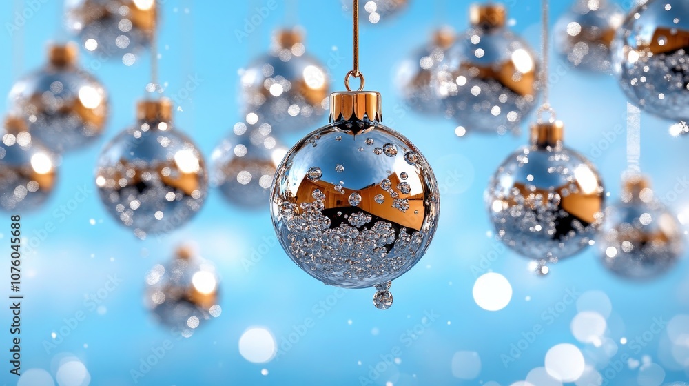 Festive Silver Christmas Ornaments Hanging with Blue Bokeh Background Festive Silver Christmas Ornaments Hanging with Blue Bokeh Background