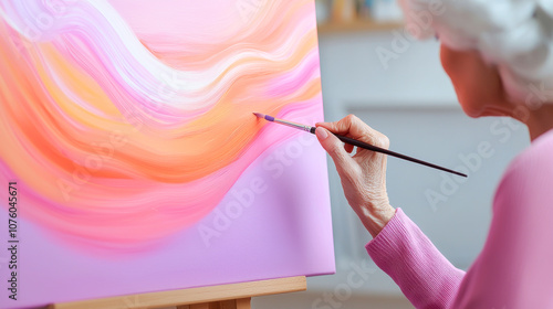 An elderly artist painting colorful abstract patterns on canvas indoors. photo