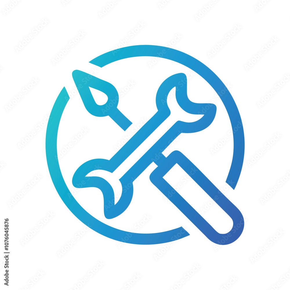 Gradient wrench and screwdriver icon for repair, Vector illustration of a crossed wrench and screwdriver in a blue gradient style, representing tools, maintenance, and technical support.
Gradient wrench and screwdriver icon for repair, Vector illustration of a crossed wrench and screwdriver in a blue gradient style, representing tools, maintenance, and technical support.