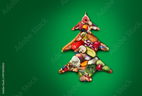 Vegan Christmas Holiday Food or Festive Winter Holidays eating fruit and vegetables shaped as a funny festive seasonal christmas tree as a vegetarian or veganism winter nutrition celebration. photo