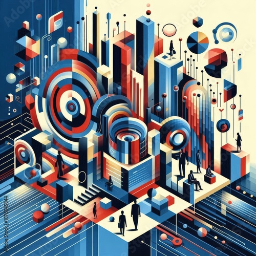 Illustration of Abstract Geometric Cityscape Representing Social Chaos and Complexity 