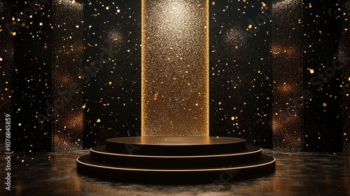 Podium stage Gold black display for award or products with background glitter lighting, 4k image