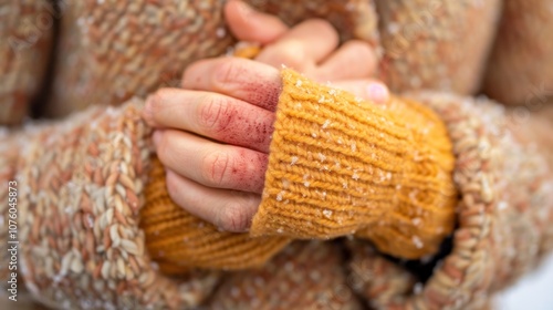 Hands are rubbed together for warmth, exhibiting reddened skin from exposure to cold temperatures. National Winter Skin Relief Day