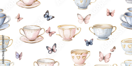 Beautiful ornate watercolor vintage tea cup pattern with light blue and pink colors and gold butterfly accents in the background on a gray background.