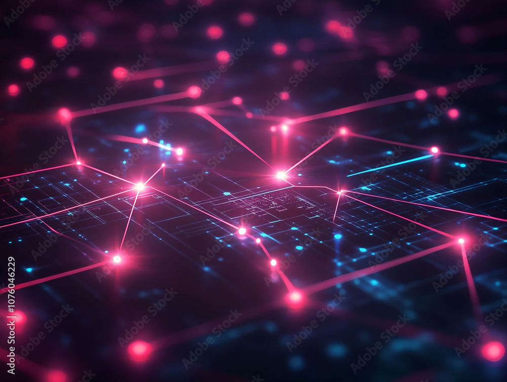 Abstract 3D illustration of a futuristic circuit board with interconnected glowing lines and nodes in neon blue and orange. Perfect for technology and digital concepts. Abstract 3D illustration of a futuristic circuit board with interconnected glowing lines and nodes in neon blue and orange. Perfect for technology and digital concepts.