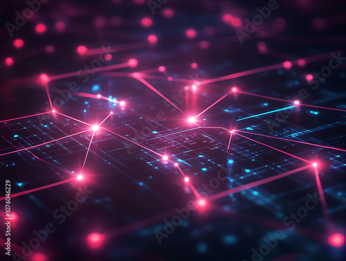 Abstract 3D illustration of a futuristic circuit board with interconnected glowing lines and nodes in neon blue and orange. Perfect for technology and digital concepts.