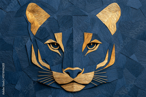 Artistic representation of a tiger's face made from wood textures and bold colors. photo