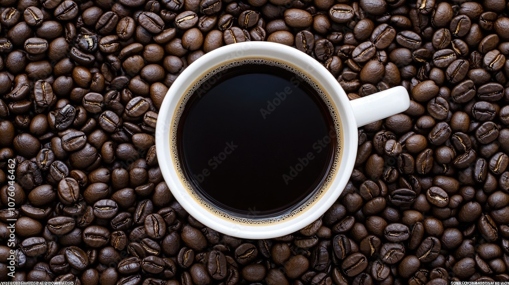 White Cup of Coffee on Bed of Coffee Beans White Cup of Coffee on Bed of Coffee Beans
