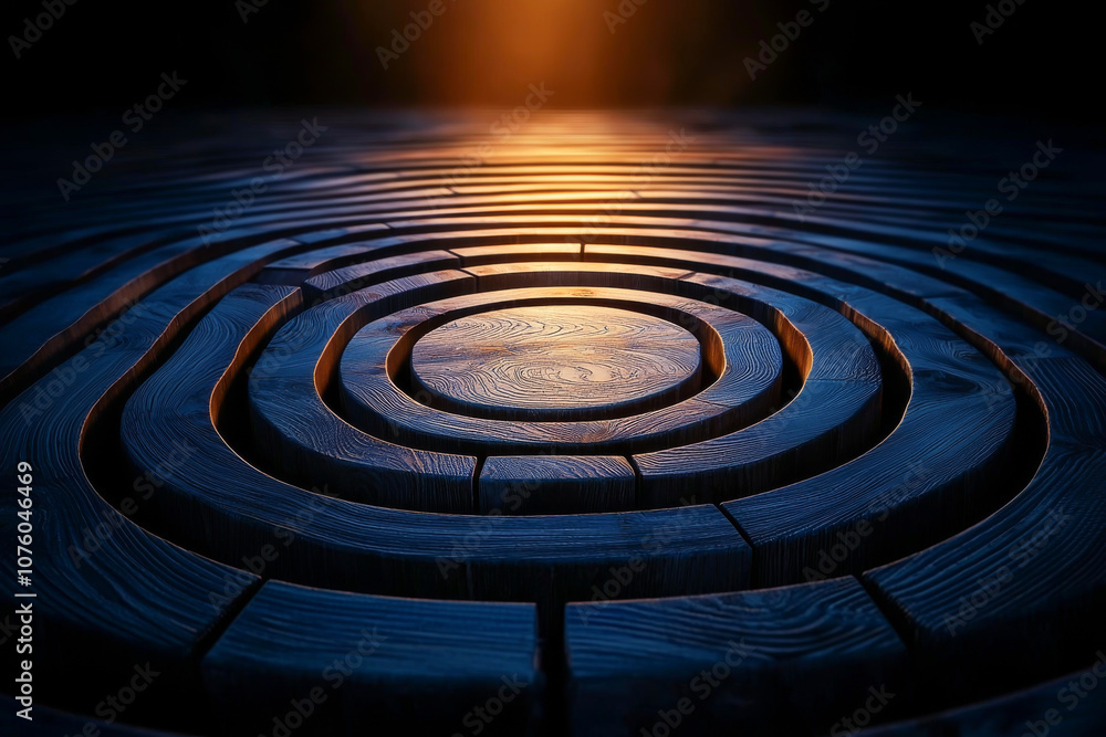 Beautiful concentric circles of wood reflecting golden light in a tranquil setting. Beautiful concentric circles of wood reflecting golden light in a tranquil setting.