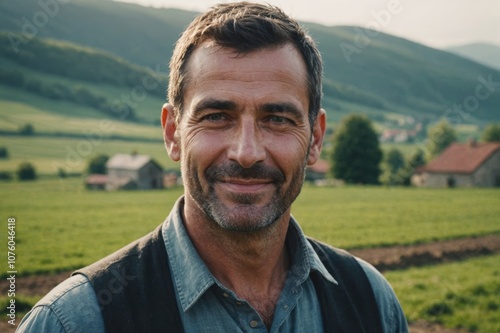 Close portrait of a smiling 40s Georgian male farmer standing and looking at the camera, outdoors Georgian rural blurred background