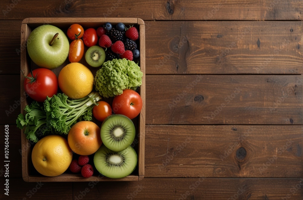 high angle view of fruits and vegetable basket on wood table high angle view of fruits and vegetable basket on wood table
