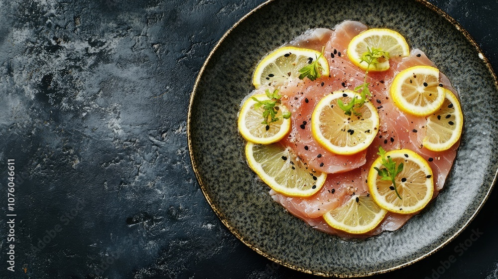 Artistic Fish Carpaccio Arrangement with Lemon Slices Artistic Fish Carpaccio Arrangement with Lemon Slices