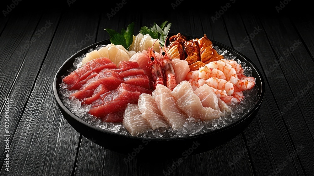 Assorted Sashimi on Ice in a Black Bowl Assorted Sashimi on Ice in a Black Bowl