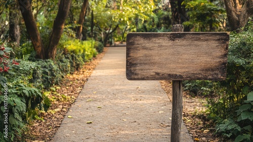 Bright Park Pathway with Wooden Sign in Daylight photo