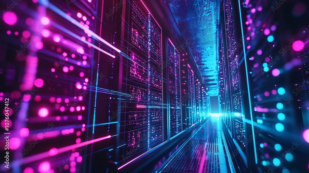 Fototapeta premium Futuristic Quantum Server Room with Glowing Qubits and Parallel Data Processing Visualization