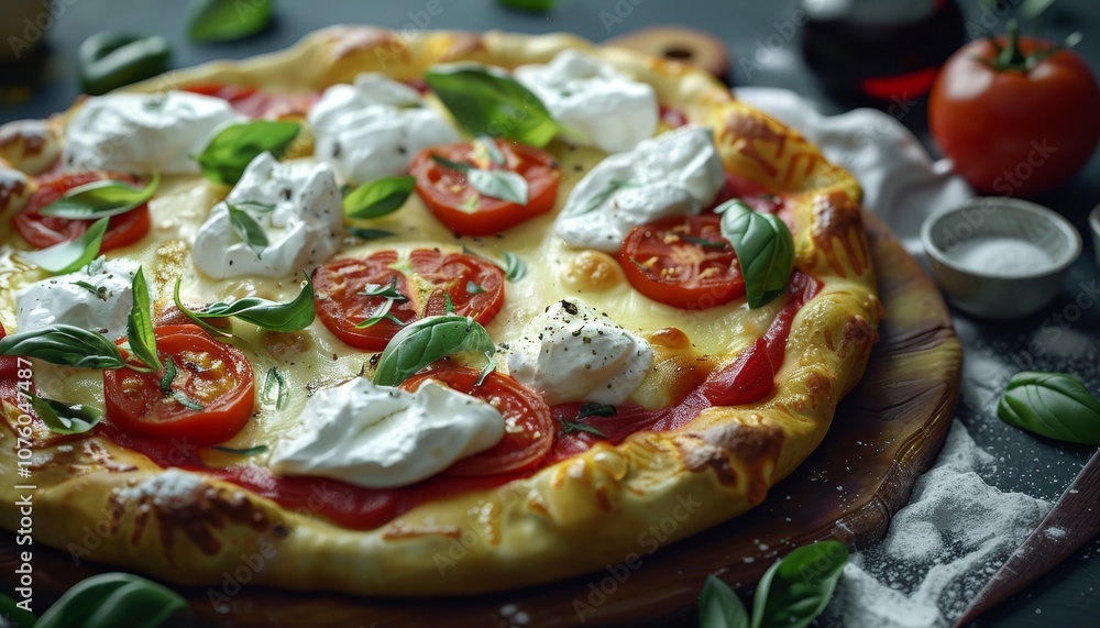Delicious pizza with tomato, mozzarella and basil. Delicious pizza with tomato, mozzarella and basil.