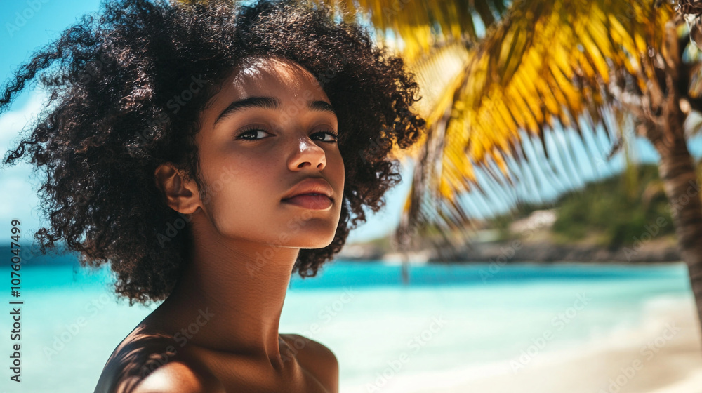 A young woman enjoying the coastal breeze at a tropical beach on a sunny day A young woman enjoying the coastal breeze at a tropical beach on a sunny day