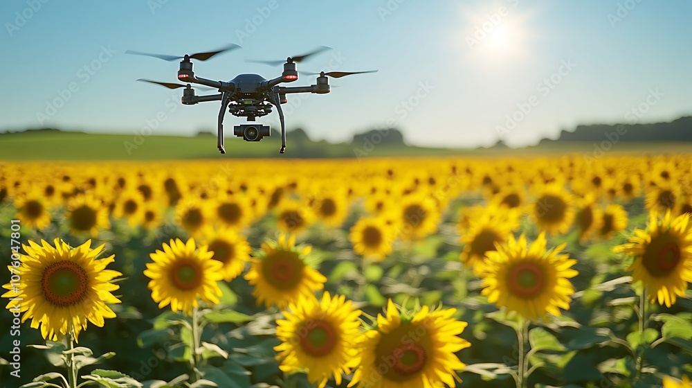 A close-up shot of a drone flying above a field of sunflowers, capturing the vibrant yellow blooms, operated by a farmer dressed in work clothes, clear blue sky, sunlight highlighting the petals, A close-up shot of a drone flying above a field of sunflowers, capturing the vibrant yellow blooms, operated by a farmer dressed in work clothes, clear blue sky, sunlight highlighting the petals,