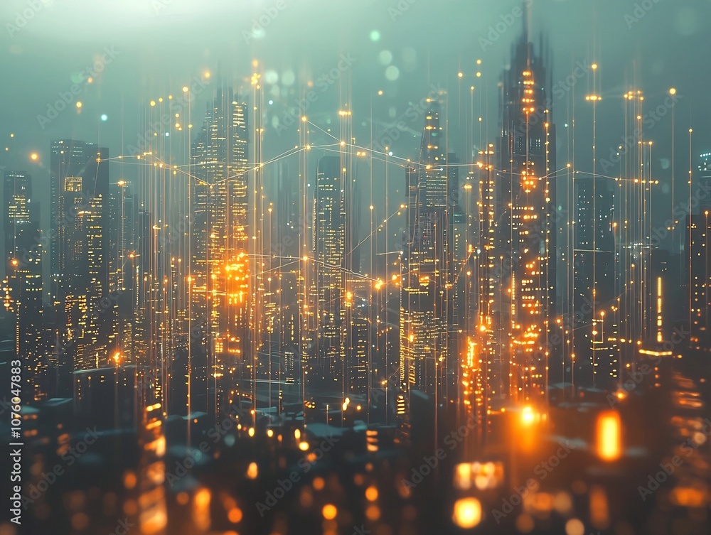 Fototapeta premium Glowing Quantum Network Powering the Future of Urban Cityscape