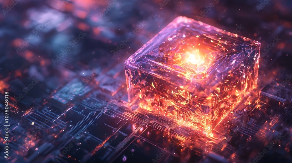 Fototapeta premium Glowing Quantum Chip Refracting Infinite Paths of Light Symbolizing Quantum Computing and Uncertainty