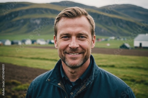 Close portrait of a smiling 40s Icelander male farmer standing and looking at the camera, outdoors Icelander rural blurred background