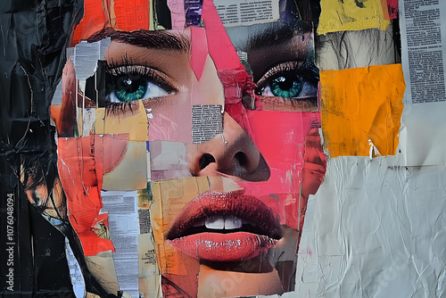 Mixed-media collage of magazine cutouts and textured brush strokes, in style of contemporary art. Рortrait of a woman's face with layered textures from paper clippings and paint in bold colors.