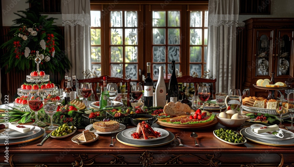 A beautifully set table with a variety of foods, including wine, cheese, bread, fruit, and vegetables. A beautifully set table with a variety of foods, including wine, cheese, bread, fruit, and vegetables.