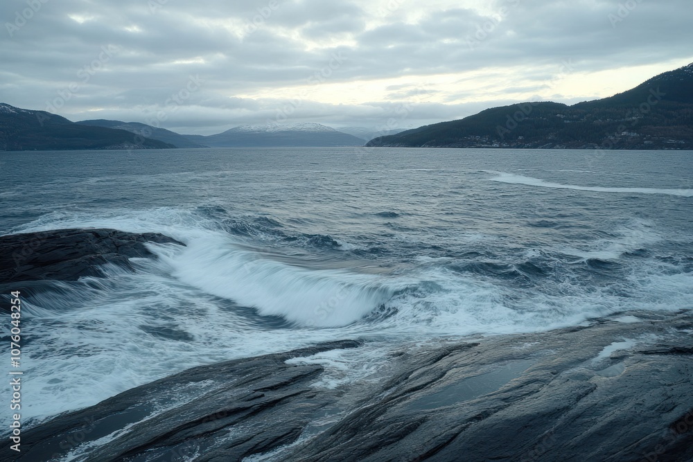 A serene coastal view with waves crashing against rocky shores under a cloudy sky. A serene coastal view with waves crashing against rocky shores under a cloudy sky.