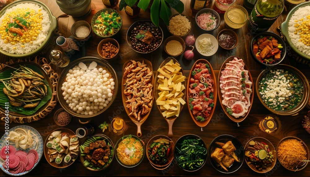 A large variety of dishes, including rice, vegetables, meats, and seafood, are arranged on a long wooden table. A large variety of dishes, including rice, vegetables, meats, and seafood, are arranged on a long wooden table.