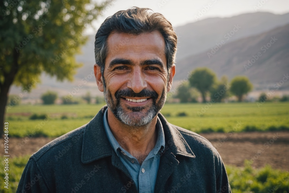 Close portrait of a smiling 40s Iranian male farmer standing and looking at the camera, outdoors Iranian rural blurred background Close portrait of a smiling 40s Iranian male farmer standing and looking at the camera, outdoors Iranian rural blurred background