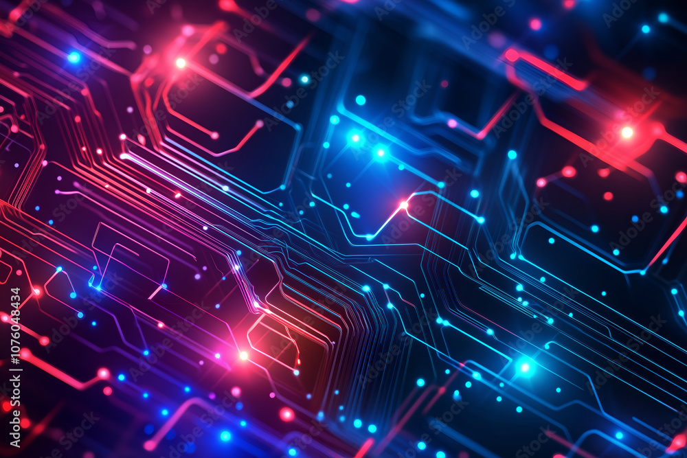 Abstract 3D illustration of a futuristic circuit board with interconnected glowing lines and nodes in neon blue and orange. Perfect for technology and digital concepts. Abstract 3D illustration of a futuristic circuit board with interconnected glowing lines and nodes in neon blue and orange. Perfect for technology and digital concepts.