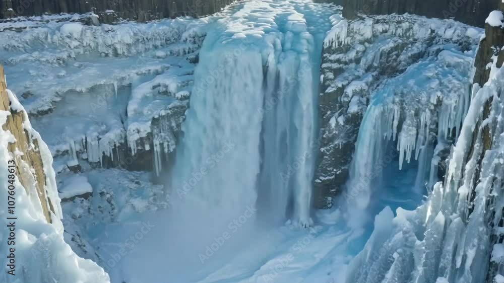 A stunning frozen waterfall surrounded by snow-covered trees in a winter landscape. A stunning frozen waterfall surrounded by snow-covered trees in a winter landscape.