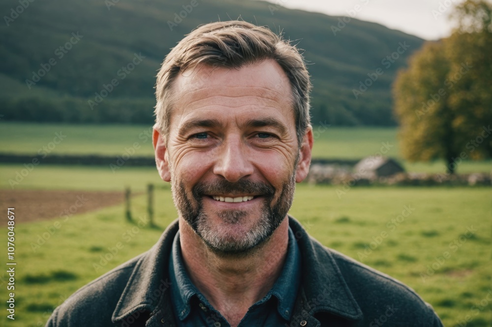 Close portrait of a smiling 40s Irish male farmer standing and looking at the camera, outdoors Irish rural blurred background Close portrait of a smiling 40s Irish male farmer standing and looking at the camera, outdoors Irish rural blurred background