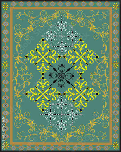 Pattern carpet mixed with beautiful lines of flowers ,yellow, white,black,on a light green background.