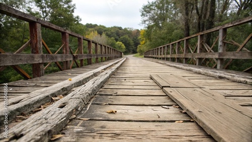 Close-up of worn, weathered wooden planks on a dilapidated bridge, wear, bridge, neglect, crumbling