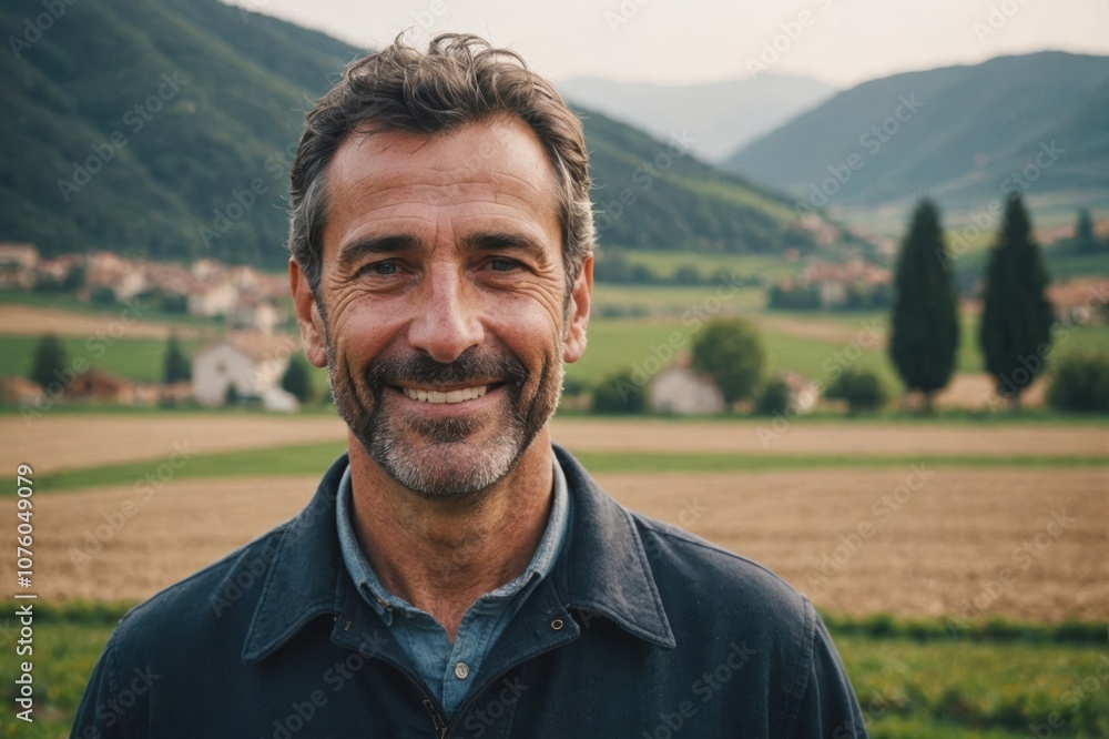 Close portrait of a smiling 40s Italian male farmer standing and looking at the camera, outdoors Italian rural blurred background Close portrait of a smiling 40s Italian male farmer standing and looking at the camera, outdoors Italian rural blurred background