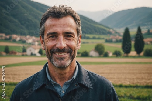 Close portrait of a smiling 40s Italian male farmer standing and looking at the camera, outdoors Italian rural blurred background