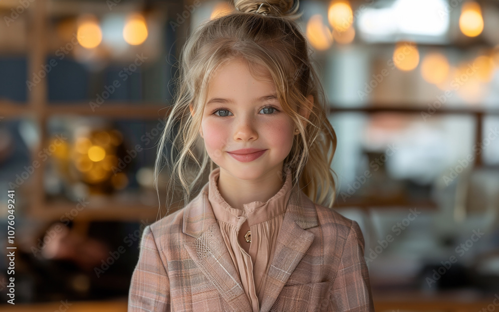A young girl with long, blonde hair and bright blue eyes smiles softly, wearing a stylish plaid blazer. Her expression and attire create a charming, timeless look against a blurred background. A young girl with long, blonde hair and bright blue eyes smiles softly, wearing a stylish plaid blazer. Her expression and attire create a charming, timeless look against a blurred background.