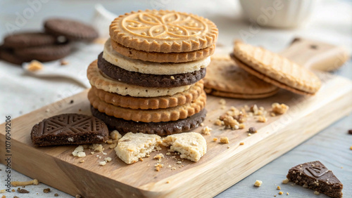 Close-up of a stack of assorted biscuits with different textures and patterns, placed on a wooden board