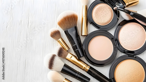 Makeup tools and powders arranged on a white surface