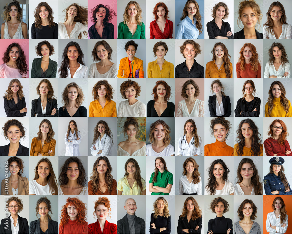 Obraz premium A collage of women aged 20-40 highlights their varied lifestyles and careers, with natural expressions and attire that emphasize individuality against plain backgrounds.