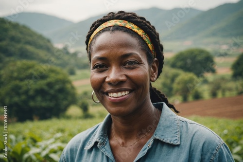 Close portrait of a smiling 40s Jamaican female farmer standing and looking at the camera, outdoors Jamaican rural blurred background